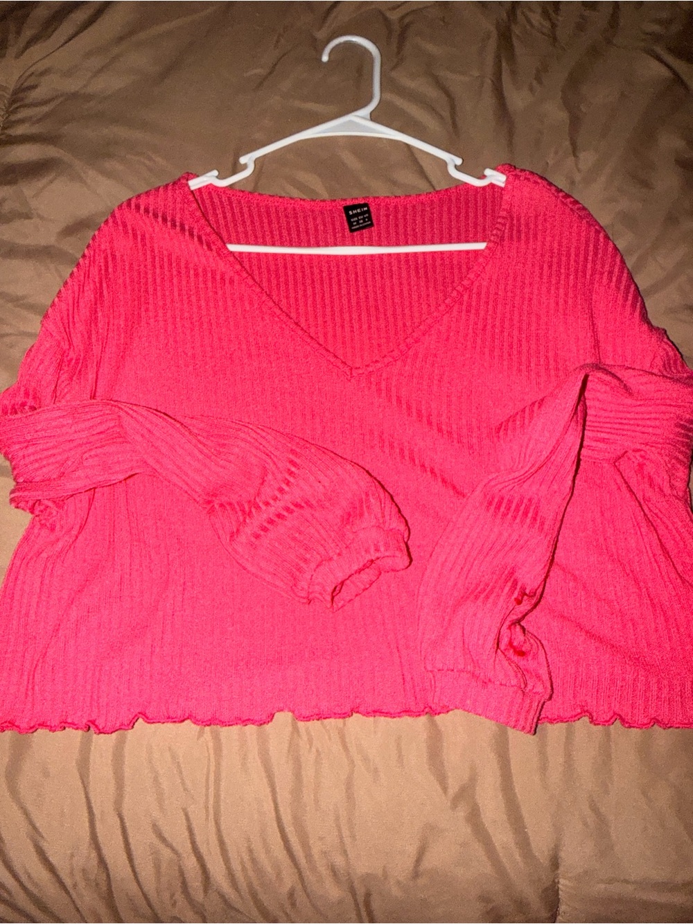 Pink Ribbed Cropped V Neck Sweater - Picture 3 of 4